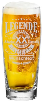 LUXENTU Willi Becher 0,5l mit personalisierter Gravur, Bierglas für ein Jubiläum & besondere Anlässe, Helles-Glas mit individueller Lasergravur, Name & Zahl konfigurieren, Legende