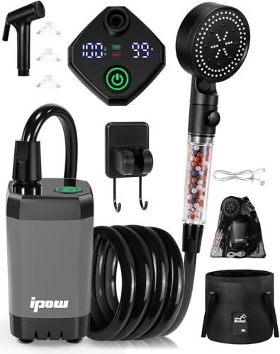 IPOW Portable Camping Shower Kit - 5 Spray Modes & Filtered Head, 6000mAh 150Min Runtime, LED Display, IPX7 Waterproof for Beach, Pet Bath, Car Wash (20L Foldable Bag Included)