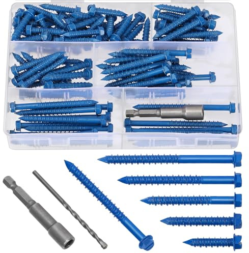 Mardatt Lot de 102 vis à béton, 1/4, 5 tailles, à tête fendue, vis à béton, avec embouts de perçage et douille hexagonale, pour l'ancrage