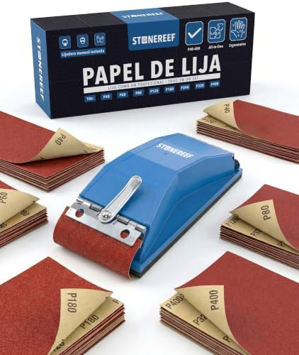 Papel de lija 81 piezas, 93 x 230 mm, P40-P400, lijadora manual de madera y metal | 80 hojas en 8 granos, de P40 a P400 más lijadora manual, desde el lijado grueso hasta el acabado fino en un juego