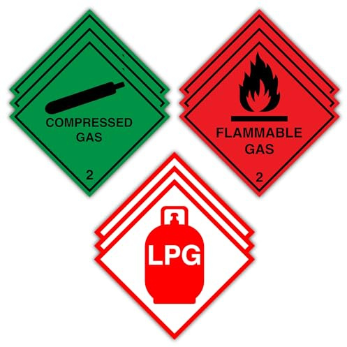 Set of 9 – 3 Flammable Gas, 3 Compressed Gas & 3 LPG Warning Stickers – 100mm x 100mm Self-Adhesive Vinyl Safety Labels for Caravan, Campervan, Motorhome & Gas Lockers