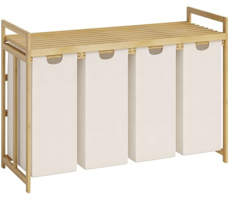 Bellamio Newa Wäschekorb 4 Fächer – Bambus Wäschesammler mit 1 Ablagefläche – 4x50 L Wäscheboxen – Wäschesortierer mit ausziehbaren & abnehmbaren Wäschesäcken in Beige – Schmutzwäschebehälter