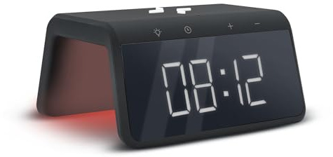 mooov 477358 - Sveglia Midnight con caricatore a induzione da 15 W per telefono (ricarica senza fili), simulazione alba luminosa, schermo digitale, porta USB-A, colore: nero