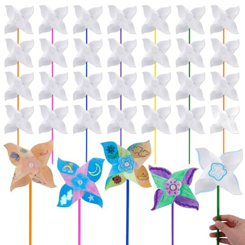 AHANDMAKER 100 piezas de molinillos de papel para manualidades, kit de molino de viento blanco, colorea tus propios molinillos de papel para niños y niñas, actividades de verano, diversión en el hogar