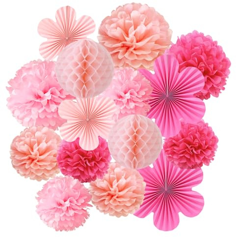 15pcs Rose Pink Paper Party Decorations, Hanging Paper Honeycomb Balls Flower Fans Pompoms Decoration for Wedding Festival Carnival Birthday Garden Party Decorations