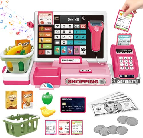 HIULLEN Registratore di Cassa Supermercato Giocattolo per Bambina,Play Store con Calcolatrice Scanner Luci e Suoni Alimenti Giocattolo,Registratore di cassa Giocattolo per Bambini per Bambini 3 + Anni