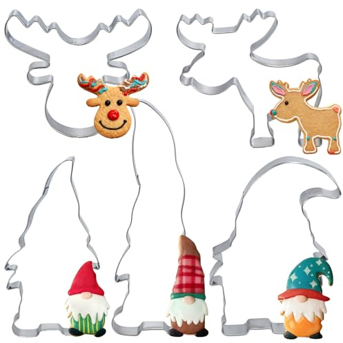 KOOOGEAR Moldes de galletas de Navidad, 5 unidades, acero inoxidable, cortadores de galletas de alce, cortador de galletas para hornear fondant, tartas, árbol de Navidad, personas de jengibre, medias