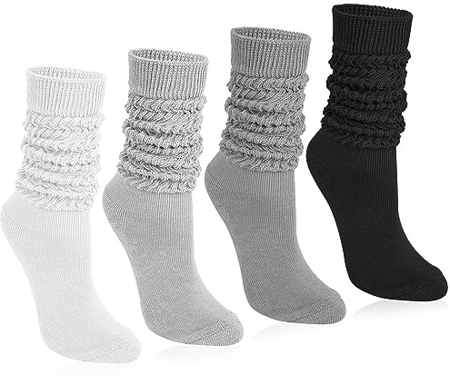 Tialfas Slouch Socks Womens 4-7 Cotton 4 Pairs Knee High for Ladies | Ladies Slouchy Socks Extra Long Boot Scrunch for Novelty Calf Knit Stacked Breathable for All-Season Girls Leisure