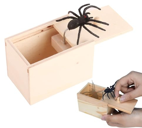 Generisch Spider Box Prank, Halloween Pranks, Soft Rubber Spider Jumping Out, Creepy Fun Joke Item with Wooden Box for Teenagers Adults Children Workplace Party