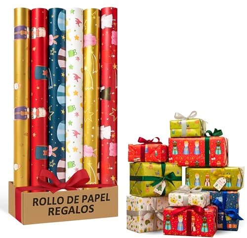 Rollo de papel para envolver regalos, Papel Regalo Cumpleaños, Papel Regalo Navidad, Papel navideño, Tamaño 70 cm x 2 Metros, Contiene 6 Rollos con diseños de Reyes Magos Multicolor
