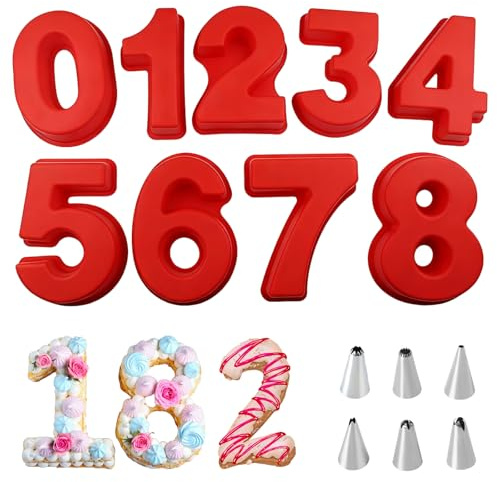 LZYDKH Number 0-8 Cake Moulds Large Size 10 Inch Cakes Tin with 6 Cakes Piping Nozzles Silicone 3D Cake Mould for Baking for DIY Baking Birthday Wedding Anniversary Non-Stick Red