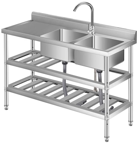 Edelstahl Spültisch 120x46x81CM, Freistehende Küchenspüle Gewerbliche Spülbecken Mit 1 Becken Wasserhahn Kalt Und Warmwasserschläuchen, Für Waschküche Outdoorküche Gastro Küchen Spulbecken