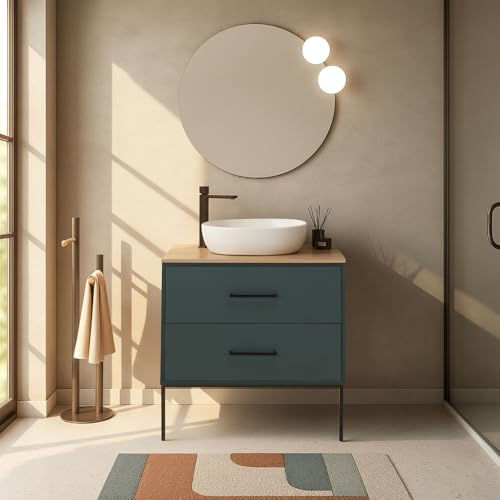 Inbagno Mobile Bagno Sospeso 80cm Verde Petrolio Con Cassetti Soft-Close E Specchio Tondo Ø60 – Linea Brik Con Top In Rovere