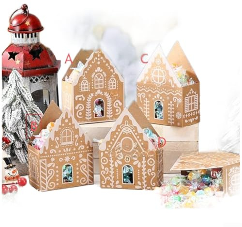 Festliche Kekshaus-Schachteln aus Papier für die Aufbewahrung von Süßigkeiten, entworfen für Weihnachtsfeiern, Schulveranstaltungen und Familienfeiern (4 Stück)