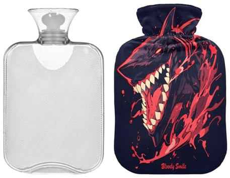 Bolsas de agua caliente de tiburón negro y rojo con cubierta suave, bolsa de agua caliente de 2 litros para calentar los pies, cuello y hombros, bolsa para cólicos menstruales