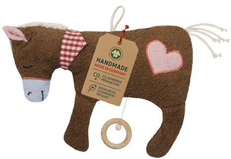 Efie Bio-Spieluhr Pferd mit Herz - 100 % Baumwolle (kbA), Füllung aus Schurwolle (kbT), GOTS-zertifiziert - handgefertigt - Babyspielzeug - Melodie Mozart (Schlafe mein Prinzchen schlaf ein)