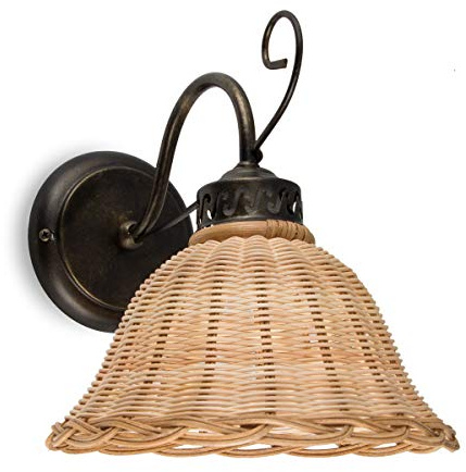 Wandleuchte Rattan natur Rattanlampe Landhausstil Hygge Korbgeflecht | Helios Leuchten 3020712 Wandlampe antik-braun lackiert, Korblampe natur-farbig, skandinavischer Stil, für Esszimmer 1 x E27