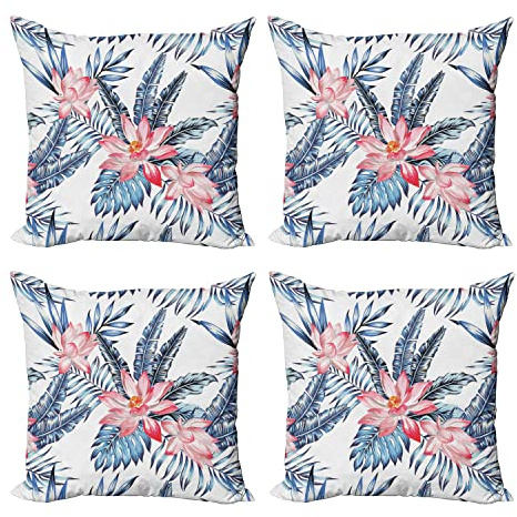 Ambesonne Tropical Throw Pillow Cover Set of 4, Leaves of Banana Palm and Lilies Hawaii Brazil Botanical Watercolor Art, Square Cushion Covers Decor for Bed Couch Sofa, 20x20, Coral Orange and Blue