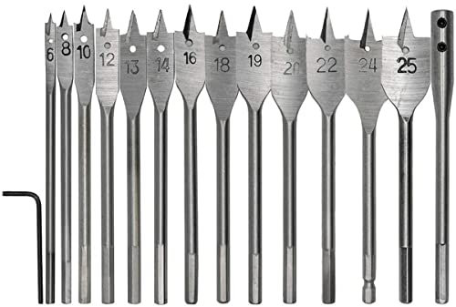 Spaten Bohrer-Set, 6-25 mm, Karbonstahl, Flachbohrer, mit Schraubenschlüssel und Verlängerungs-Verbindungsstange für Holzbearbeitung, 15-teilig