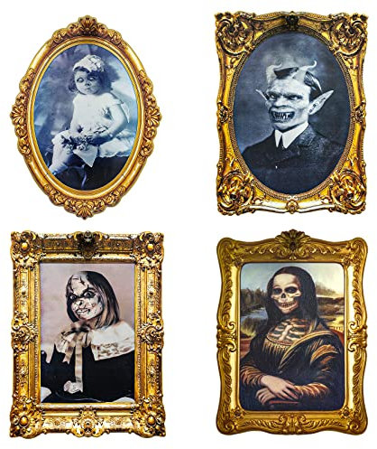 ECGER Halloween Decorations Indoor Scary 3d Changing Face Pictures, Moving Portrait Frame Decor, for Horror Party Ghost Castle Haunted House Home Decoration (4 Pieces)