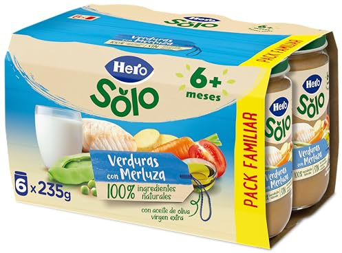Hero Solo, Tarritos de Verdura con Merluza, Sin Sal Añadida, Sin Aceite de Palma, Para Bebés desde 6 Meses, Ingredientes 100% Naturales, Conservación Natural al Baño María, Pack de 6x235gr