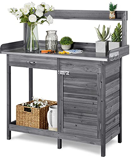 Yaheetech Pflanztisch mit verzinkter Arbeitsplatte, Wetterfest Gärtnertisch Blumentisch Holzpflanztisch mit Unterschrank, Ablagefläche und Schublade für den Garten/Terrasse/Balkon, Grau