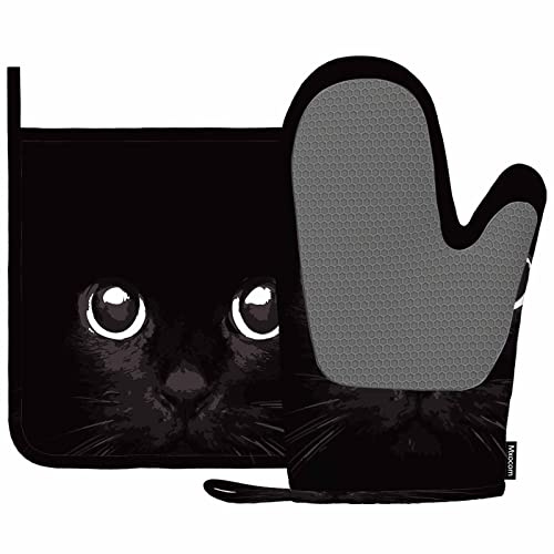 Mxocom Schwarzer Katzen-Ofenhandschuh und Topflappen mit Silikon, kühl, hitzebeständig, Küche zum Kochen, Grillen, Frühling/Sommer