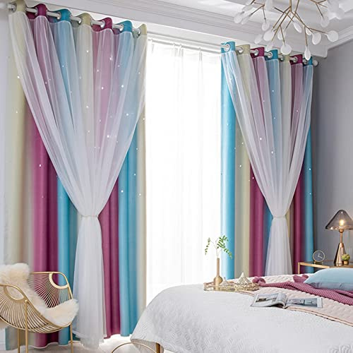 iyoimono 2er Set Vorhänge Sternen Mädchen Verdunkelung Voile Gardinen mit Ösen Violett Gelb Blau Vorhänge Farbverlauf Blickdicht für Kinderzimmer Schlafzimmer Wohnzimmer 160 × 132cm (H × B)