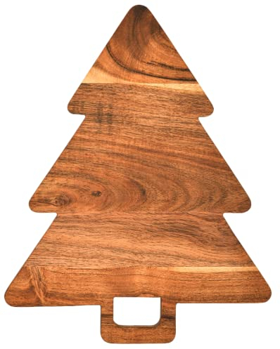 Treen Art Schneidebrett aus Akazienholz, Weihnachtsbaum-Schneidebrett für Küchendekoration, 35,6 cm L x 27,9 cm B, baumförmiges Akazienholz Schneidebrett mit Griff, Servierplatte für Charcuterie,