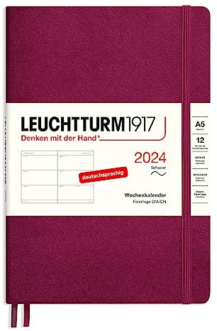LEUCHTTURM1917 367657 Wochenkalender Medium (A5) 2024, Softcover, Port Red, Deutsch, 12 Monate