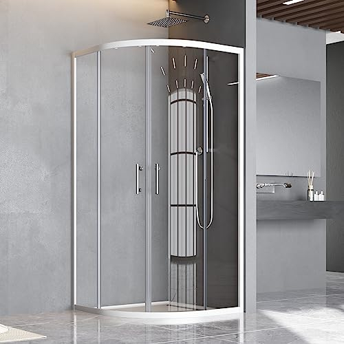 Duschkabine 90x90cm Eckeinstieg Schiebetür,Runddusche Viertelkreis Dusche Radius 55 cm Halbkreisdusche 6mm ESG Glas Duschabtrennung,Montage auf Duschwanne Oder Fliese,Höhe 185cm, Weiß