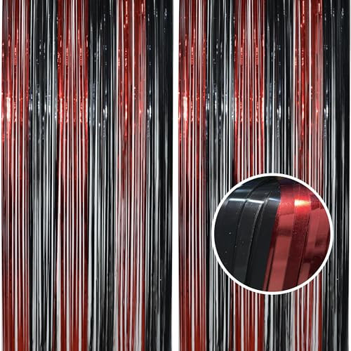 BRAVESHINE 2PCS Black Red Foil Curtain Halloween Party Decorations - 3.3 x 8.3ft Tinsel Curtains Photo Backdrops Wall Door Streamers for Scary Strange Things Witches Spiders Halloween Party Supplies