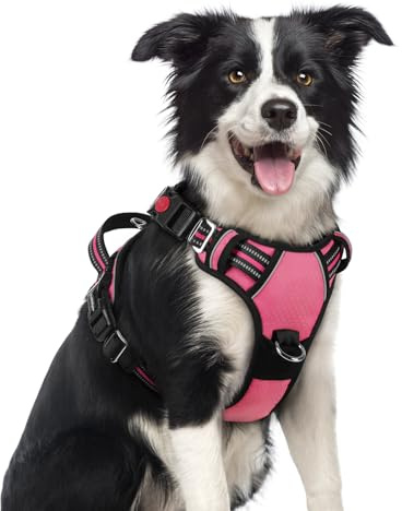 rabbitgoo Dog Harness Medium Sized, No Pull Dog Vest with 3 Buckles, Adjustable Soft Padded Pet Harness with Easy Control Handle and Reflective Strips, Pink, M