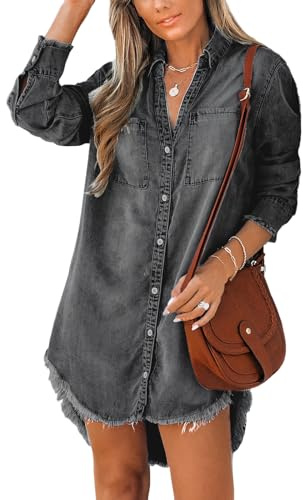 CUPSHE Robe tunique en jean pour femmes, mini, décontractée, ample, manches longues, ourlet effiloché, blouse avec poches pour l'automne, Noir , S