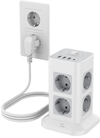 TESSAN Regletas Enchufes 8 Tomas con 3 USB A y 1 USB C, Alargador Enchufe 3 Metros, Torre Regleta Vertical con Interruptor y Proteccion Sobretension, Torre Multiple 3600W para Mesa, Oficina, Casa