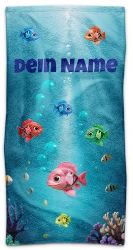 Print Royal PR Kinder-Handtuch mit Name personalisiert - Fische, Geschenk für Mädchen und Jungen, Handtuch Personalisieren | 50 x 100 cm