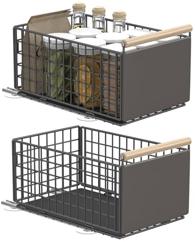 YheenLf 2Stück Teleskopschublade ohne Bohren,39.5×23.5×19.5cm,Grau | Ausziehbare Schubladen Organizer Küche,Platzsparend, Leicht zu Reinigen, Aufbewahrungskorb für Küchenschränke Badezimmer