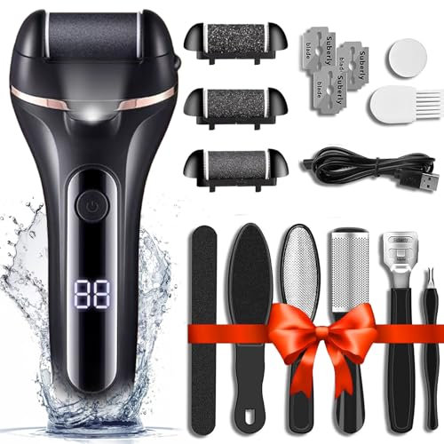 Electric Foot File, Professional Feet Hard Skin Remover, Rechargeable Foot Callus Remover Pedicure Kit with 3 Roller Heads for Dead Skin Dry Skin