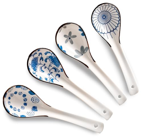Chinesische Suppenlöffel, Ramen-Löffel, chinesische Suppenlöffel, 4er-Set, Ramen-Löffel, Suppenknödellöffel, Keramik, japanischer Retro-Stil, asiatischer Suppenlöffel