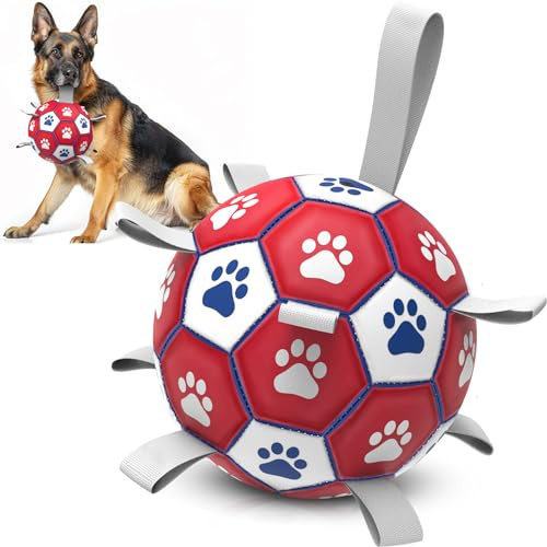 HETOO Hundboll hundleksak boll med handtag för hund interaktiv bogsering av krig vatten hundbollar leksak födelsedagspresent för medel/stora hundar (20 cm röd vit)
