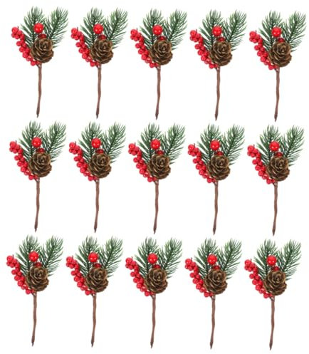 Ciieeo 15st Künstlicher Tannenzapfen Weihnachtsblumenarrangement Weihnachtspflücker Tannenzapfen Zweige Stechpalme Beerenstiele Weihnachtsblumenstiele Stechpalmenstängel Girlande Plastik
