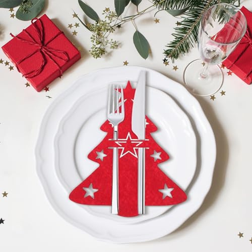12 Stück Besteckhalter Weihnachten,Filz Bestecktasche Tischdeko Set | Weihnachtsbaum Besteck Deko, Bestecktaschen Tannenbaum, Weihnachts Tisch Besteckbeutel, für Weihnachtstisch Cutlery Messer