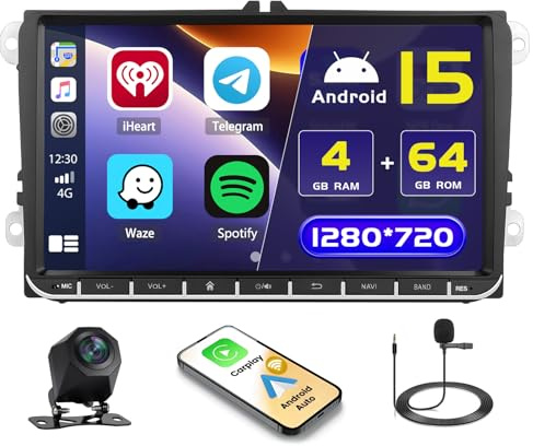 Hikity 4+64GB Android Autoradio per VW Golf 5 Golf 6 Skoda Polo Passat Tiguan Touran Wireless Carplay Android Auto, 9 Pollici Schermo Tattile Stereo con SWC GPS Navi WiFi Bluetooth FM Retromarcia