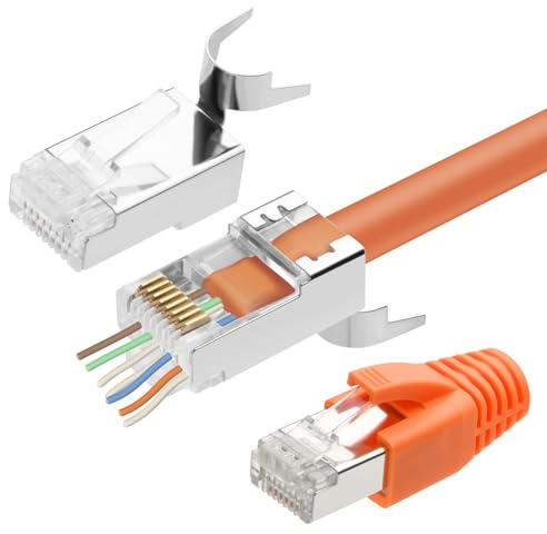 AXFEE 20 Stück RJ45 Stecker Cat7, Netzwerkstecker, RJ45 Kupplung | Lan Stecker für Verlegekabel mit Knickschutz Orange & Einführhilfe, Unterstützung 1.35 mm-1.45mm, Ethernet Kabel für CAT 7
