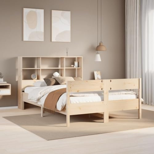 Homgoday Massivholzbett mit Regal Doppelbett Einzelbett, Bettrahmen Holzbett mit Lattenrost, Bett Bettgestell Gästebett Jugendbett für Schlafzimmer Gästezimmer 140x200 cm Kiefer