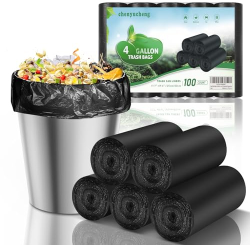 Small Trash Bags 4 Gallon Biodegradable - Black Garbage Bag For Bathroom Can Unscented Kitchen Office Car Compostable Waste Basket Liners 100 count Mini Tiny Recycling Chenyucheng