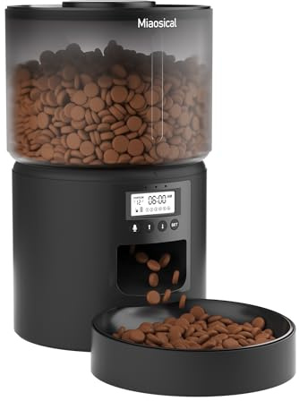 Miaosical Automatic Cat Feeder,3.6L Flexible Schedule Timer,6 Meals/Day,1-12 Portions/Meal,Dual Power Auto Feeder Dry Food Dispenser With Voice Record,for Cats & Small Dogs (Black, Basic Bowl)