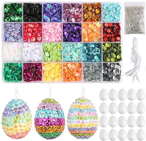 BOFUNX 24pcs Uova di Polistirolo Uova di Pasqua Fai da Te per Decorare e Colorare + 24 Colori Paillettes per Decorazioni 7mm, Decorazioni Pasquali DIY per Bambini