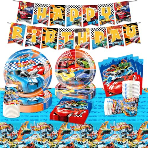Rennauto Pappteller Kindergeburtstag Deko Jungen- Autos Geburtstag Geschirr Deko Wheels Geburtstagsdeko Car Partygeschirr Set Party Supplies Girlande Deko Banner Tischdecke Servietten Teller Tassen