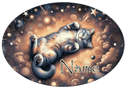 Maus-Design Türschild personalisiert mit Name und Schriftartwahl, Katze | 12,7 x 8,8 x 0,2 cm, 2 Bohrungen, Kunststoff, oval